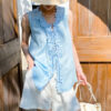 French Riviera Scalloped Lace Lyocell Linen Womens Sleeveless Blouse