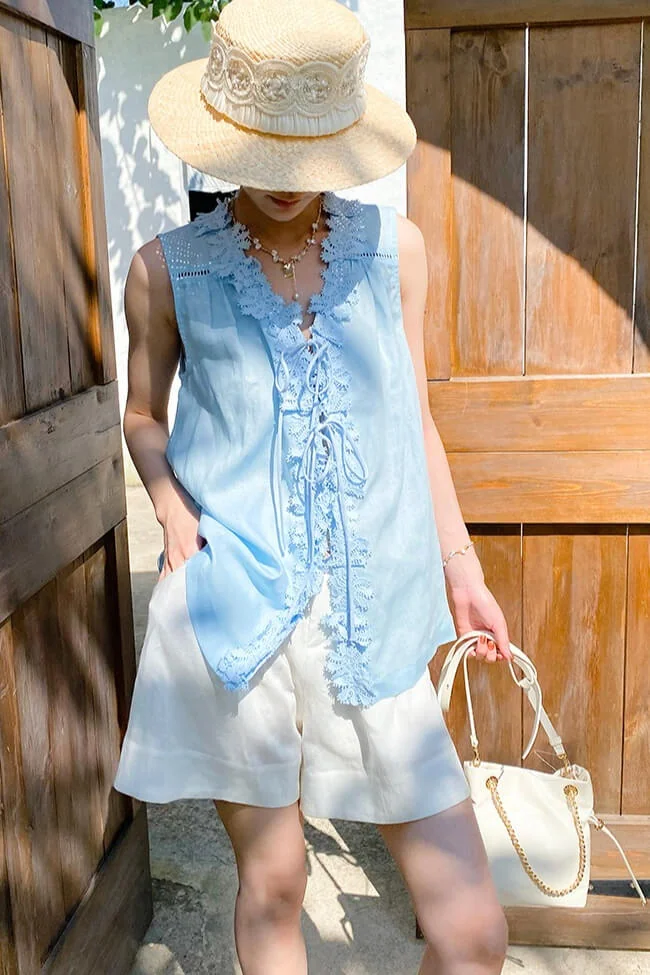 French Riviera Scalloped Lace Lyocell Linen Womens Sleeveless Blouse