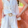 French Riviera Scalloped Lace Lyocell Linen Womens Sleeveless Blouse