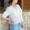 French Riviera Breathable Cotton Lace Ruffled Tie Front Womens Blouse