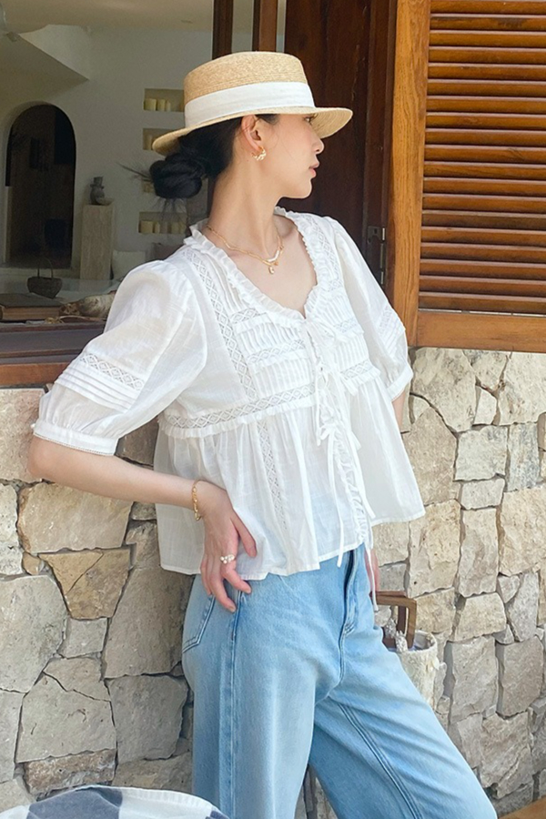 French Riviera Breathable Cotton Lace Ruffled Tie Front Womens Blouse