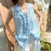 French Riviera Scalloped Lace Lyocell Linen Womens Sleeveless Blouse