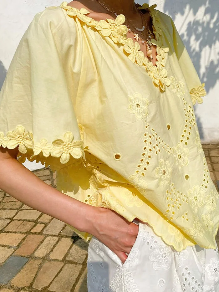 French Riviera Floral Broderie Anglaise Breathable Cotton Women Blouse
