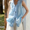 French Riviera Scalloped Lace Lyocell Linen Womens Sleeveless Blouse