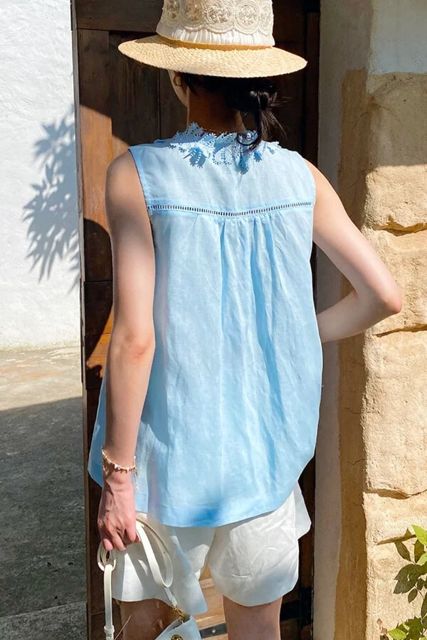 French Riviera Scalloped Lace Lyocell Linen Womens Sleeveless Blouse