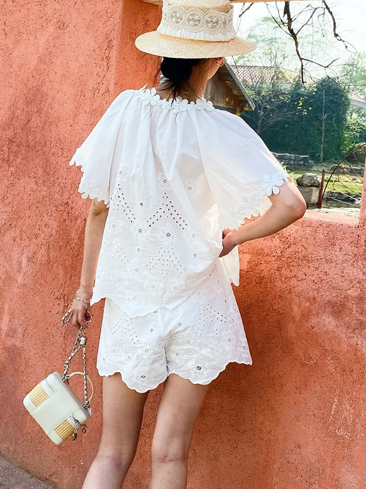 French Riviera Floral Broderie Anglaise Breathable Cotton Women Blouse