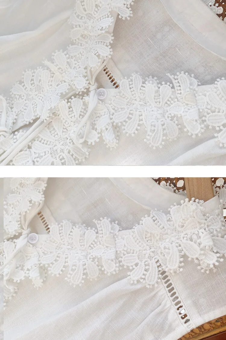 French Riviera Scalloped Lace Lyocell Linen Womens Sleeveless Blouse