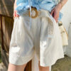 French Riviera Breathable Linen Lyocell Crochet Belt Womens Shorts