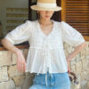 French Riviera Breathable Cotton Lace Ruffled Tie Front Womens Blouse