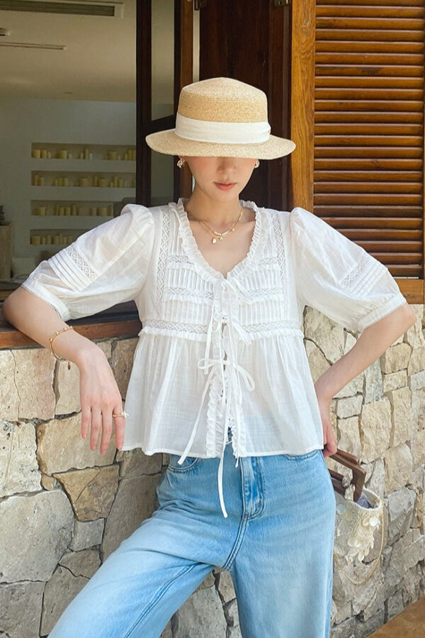 French Riviera Breathable Cotton Lace Ruffled Tie Front Womens Blouse
