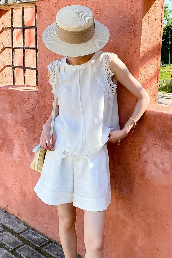 French Riviera Scalloped Broderie Anglaise Linen Lyocell Womens Shorts
