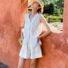 French Riviera Breathable Linen Lyocell Crochet Belt Womens Shorts