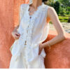 French Riviera Scalloped Lace Lyocell Linen Womens Sleeveless Blouse