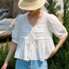 French Riviera Breathable Cotton Lace Ruffled Tie Front Womens Blouse