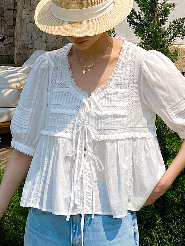 French Riviera Breathable Cotton Lace Ruffled Tie Front Womens Blouse