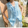 French Riviera Scalloped Lace Lyocell Linen Womens Sleeveless Blouse