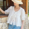 French Riviera Breathable Cotton Lace Ruffled Tie Front Womens Blouse