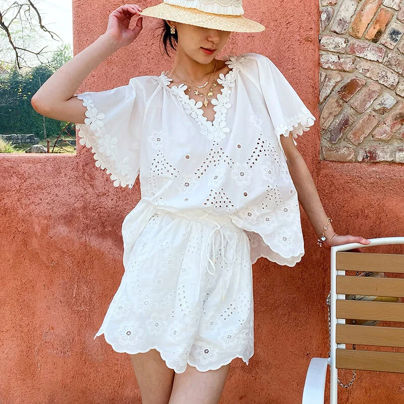 French Riviera Floral Broderie Anglaise Breathable Cotton Women Blouse
