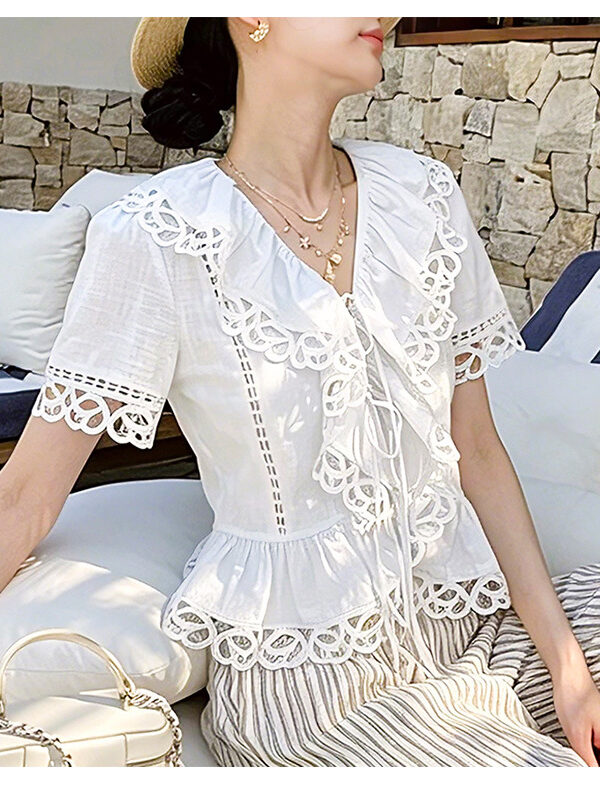 French Riviera Cotton Broderie Anglaise Off White Short Sleeve Blouse