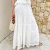 French Riviera Crochet Lace Cotton Womens White Tiered Maxi Skirt
