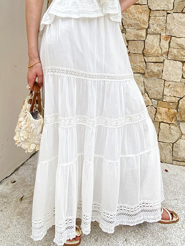French Riviera Crochet Lace Cotton Womens White Tiered Maxi Skirt