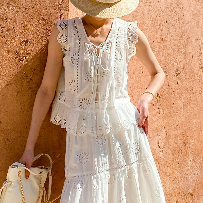 French Riviera Broderie Anglaise White Cotton Women Summer Top