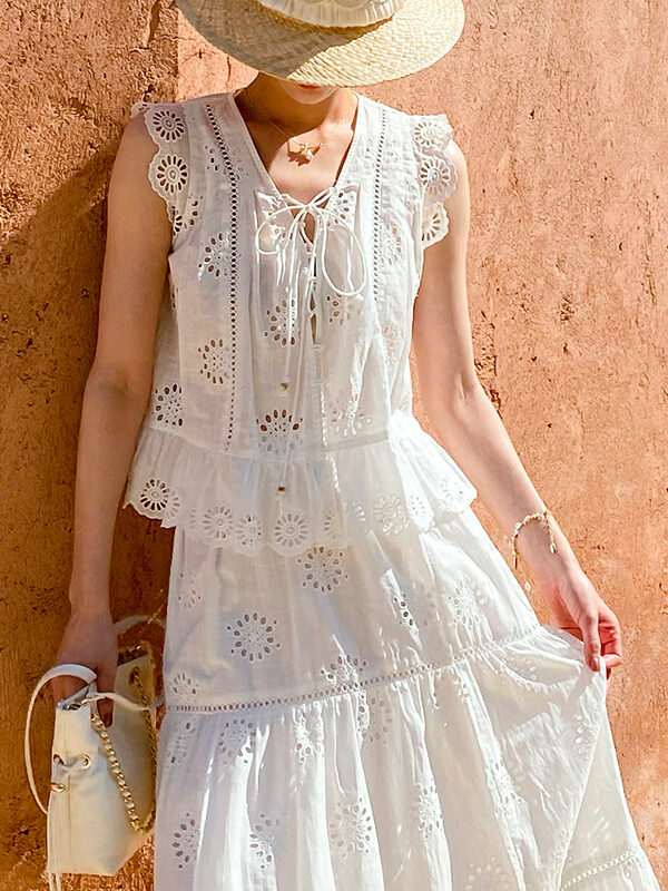 French Riviera Broderie Anglaise White Cotton Women Summer Top