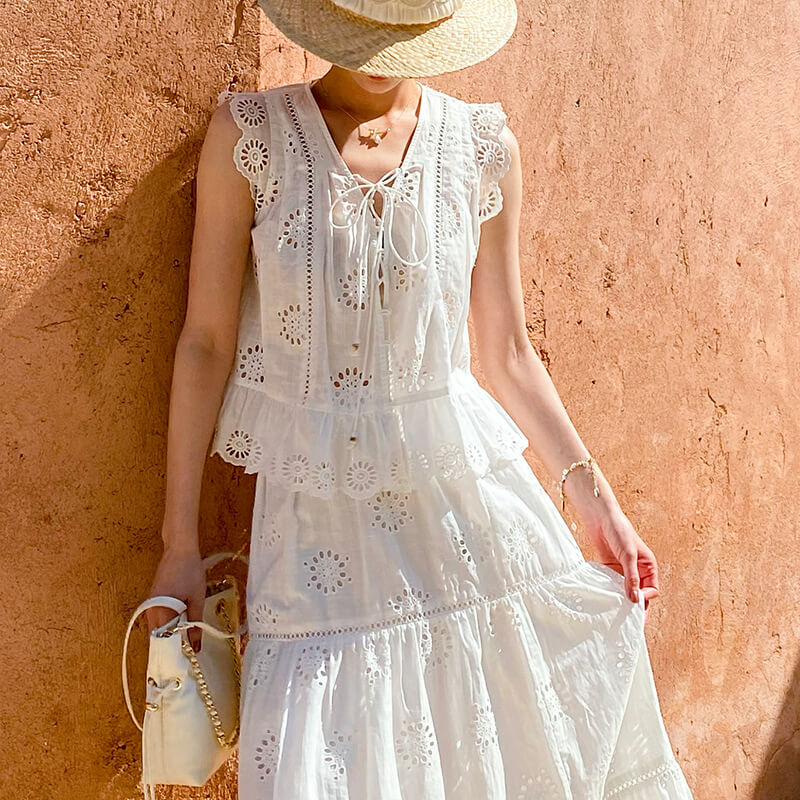 French Riviera Broderie Anglaise White Cotton Women Summer Top