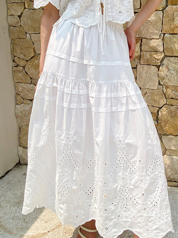French Riviera Scalloped Broderie Anglaise Cotton Womens Midi Skirt