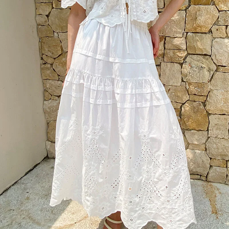French Riviera Scalloped Broderie Anglaise Cotton Womens Midi Skirt