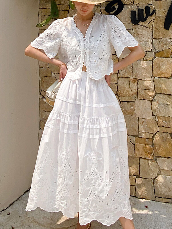 French Riviera Scalloped Broderie Anglaise Cotton Womens Midi Skirt