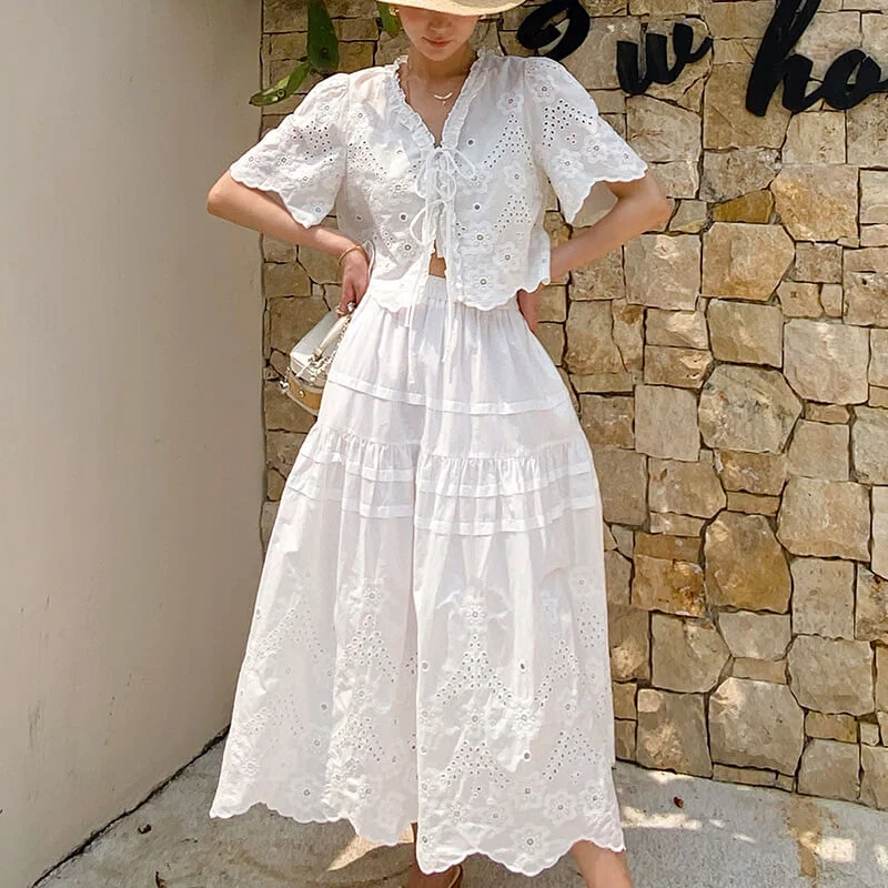 French Riviera Cotton Broderie Anglaise Womens Short Sleeve Blouse
