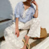 French Riviera Embroidered Breathable Cotton Womens Wide Leg Trousers