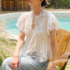 French Riviera Broderie Anglaise White Cotton Womens V Neck Blouse