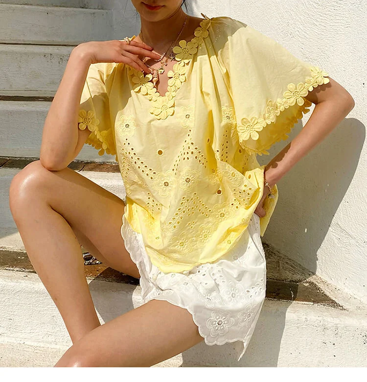 French Riviera Floral Broderie Anglaise Breathable Cotton Women Blouse