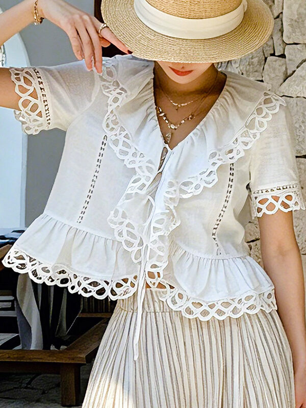 French Riviera Cotton Broderie Anglaise Off White Short Sleeve Blouse