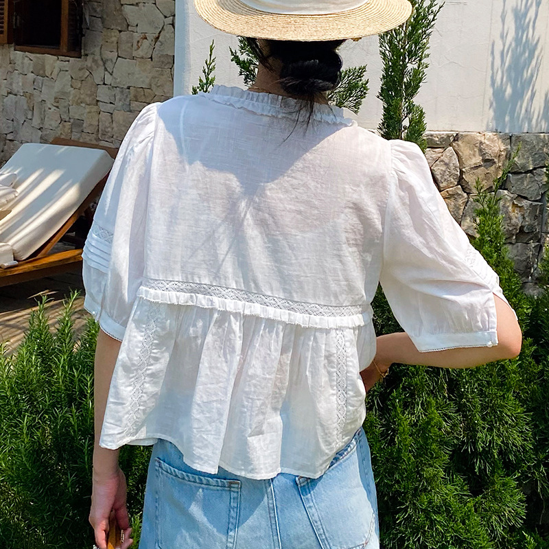 French Riviera Breathable Cotton Lace Ruffled Tie Front Womens Blouse