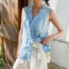 French Riviera Scalloped Lace Lyocell Linen Womens Sleeveless Blouse