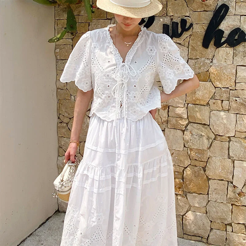 French Riviera Scalloped Broderie Anglaise Cotton Womens Midi Skirt