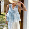 French Riviera Scalloped Floral Embroidered Cotton Blend Womens Blouse