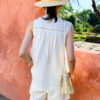 French Riviera Scalloped Lace Lyocell Linen Womens Sleeveless Blouse