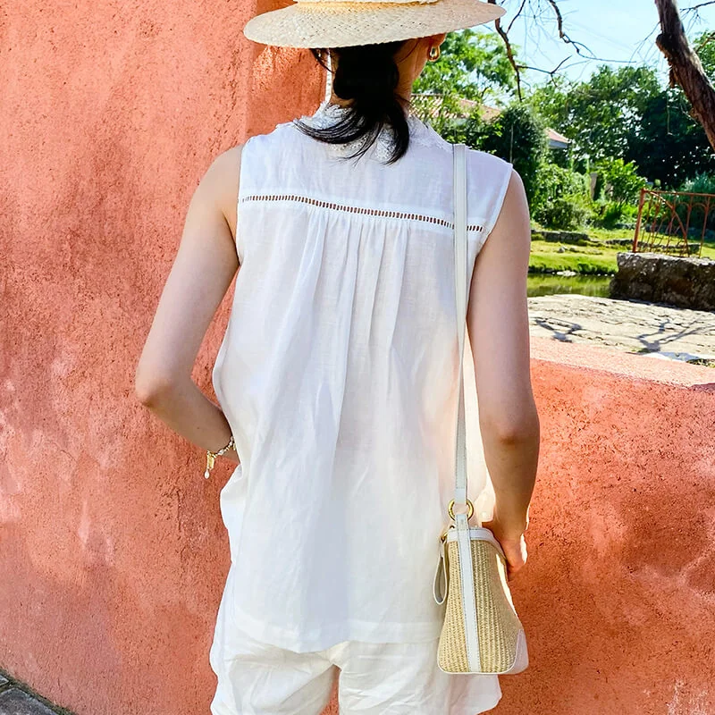 French Riviera Scalloped Lace Lyocell Linen Womens Sleeveless Blouse