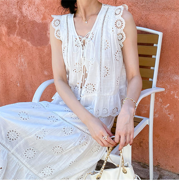 French Riviera Broderie Anglaise Cotton Womens Summer Midi Skirt