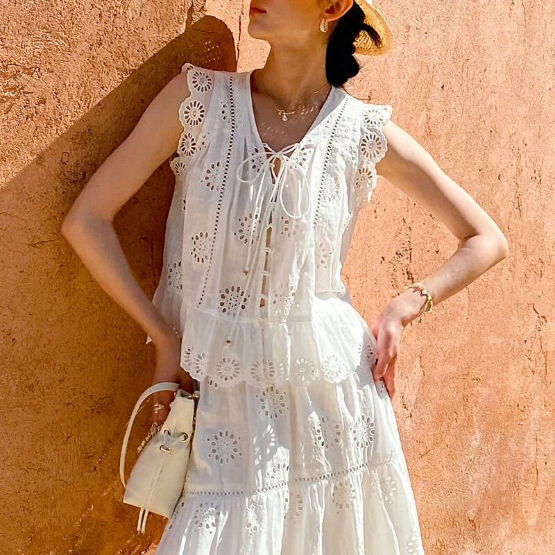 French Riviera Broderie Anglaise White Cotton Women Summer Top