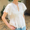 French Riviera Broderie Anglaise White Cotton Womens V Neck Blouse