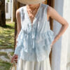 French Riviera Scalloped Floral Embroidered Cotton Blend Womens Blouse