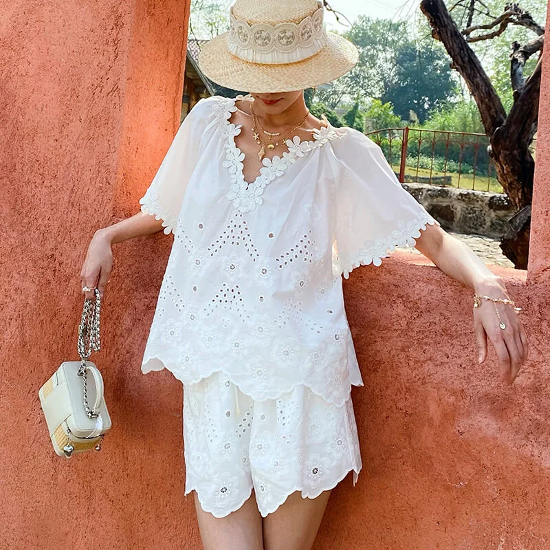 French Riviera Floral Broderie Anglaise Breathable Cotton Women Blouse