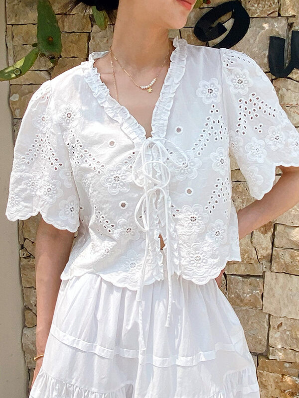 French Riviera Cotton Broderie Anglaise Womens Short Sleeve Blouse