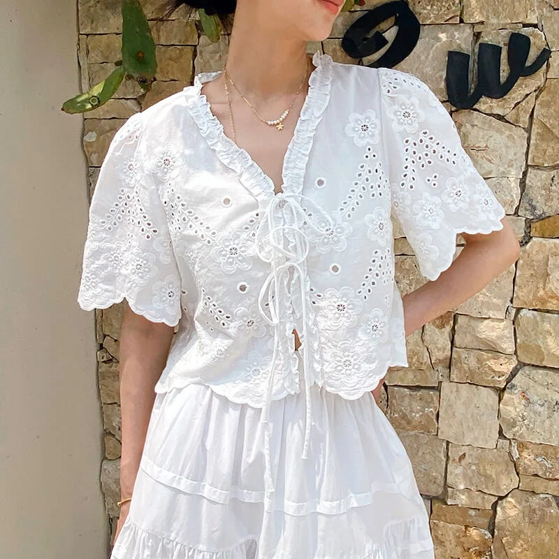 French Riviera Cotton Broderie Anglaise Womens Short Sleeve Blouse