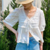 French Riviera Breathable Cotton Lace Ruffled Tie Front Womens Blouse